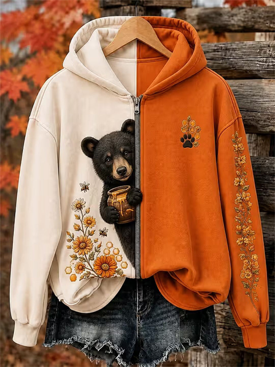 Women's Autumn Bear Print Casual Zip-Up Hoodie