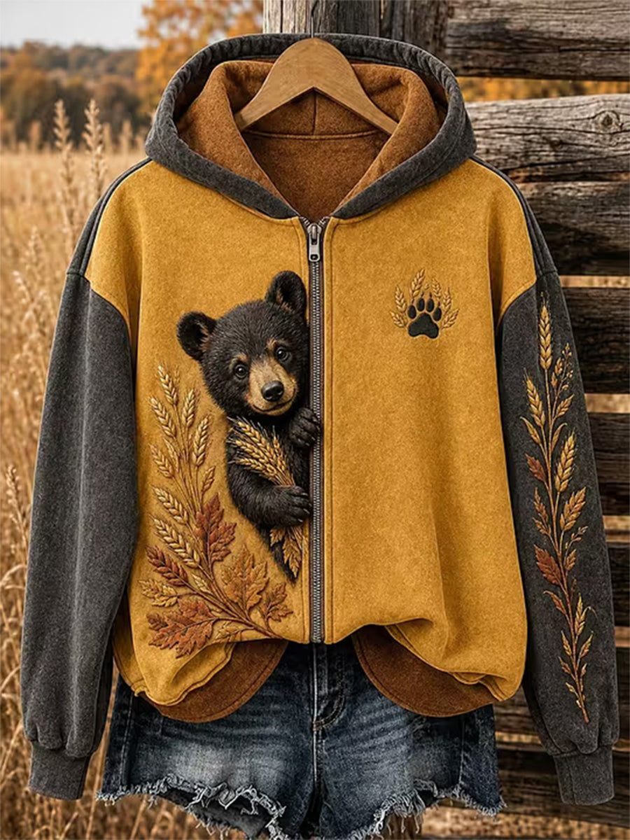 Women's Autumn Bear Print Casual Zip-Up Hoodie