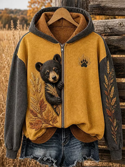 Women's Autumn Bear Print Casual Zip-Up Hoodie