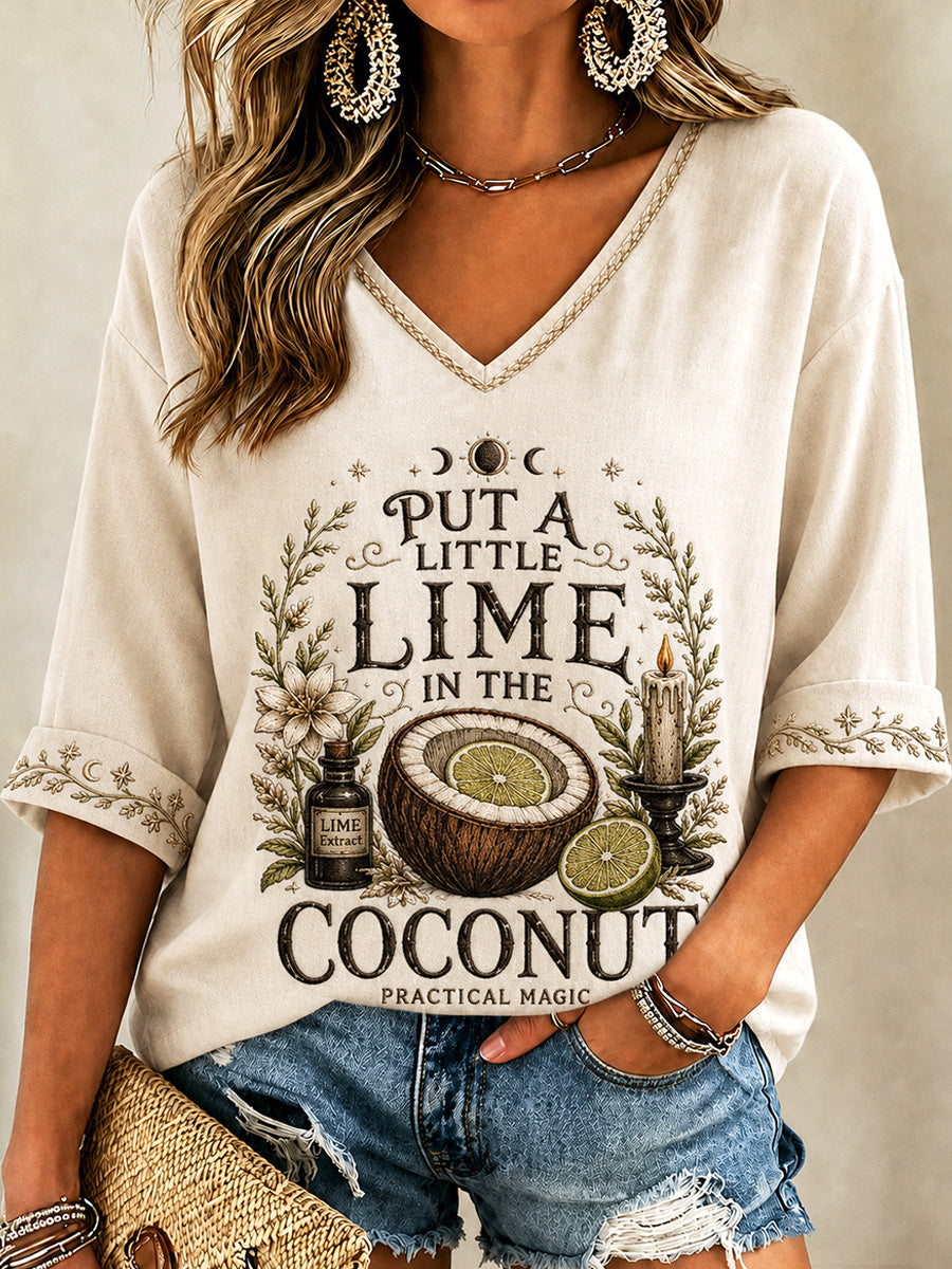 Women's Put The Lime In The Coconut Print V-Neck Tee
