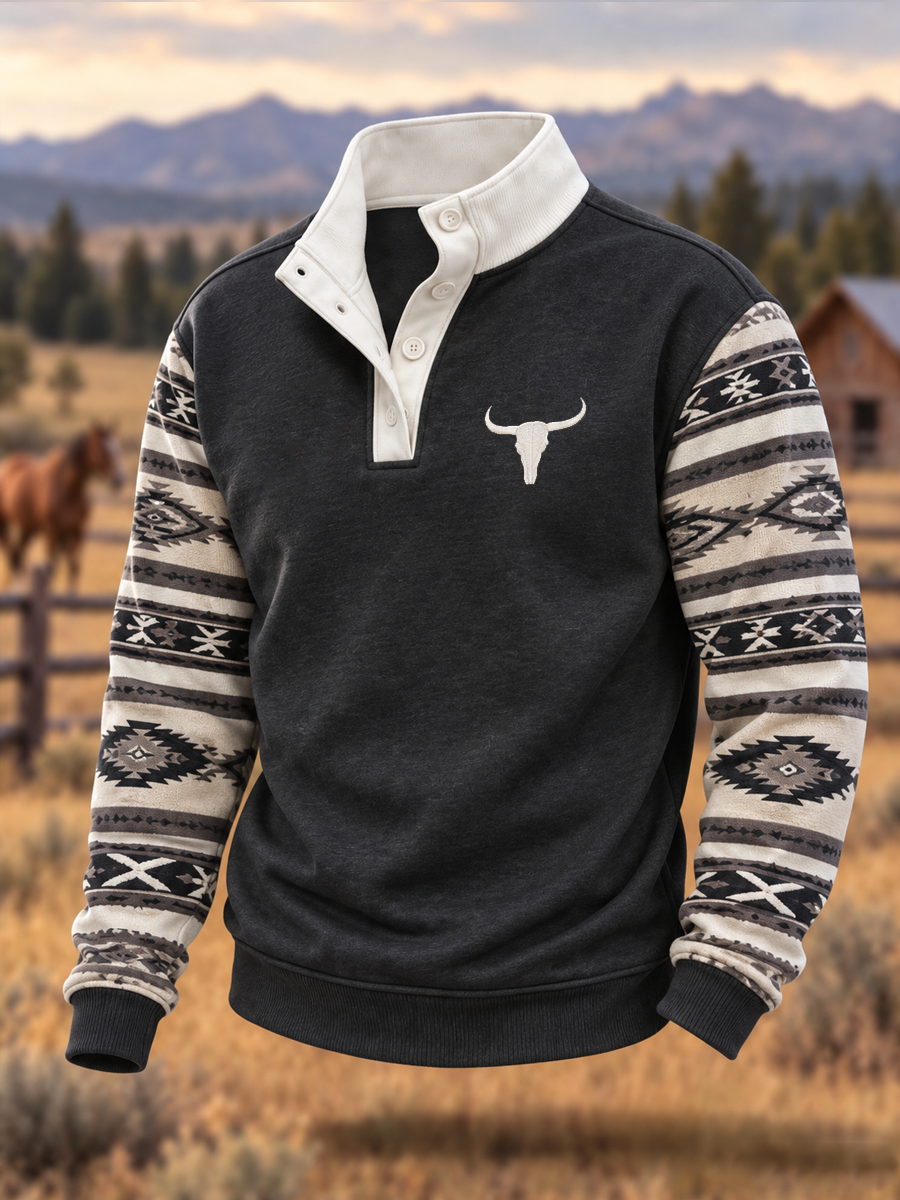 Men's Western-style print four-button hoodie