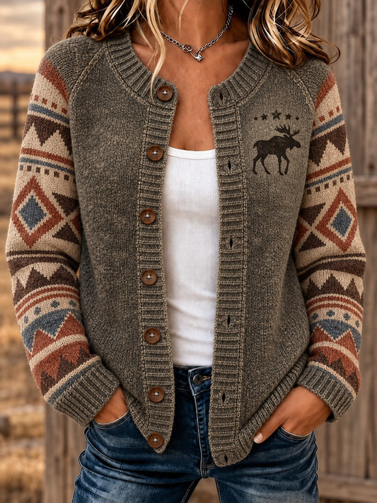 Women's Retro Western Printed Cozy Cardigan