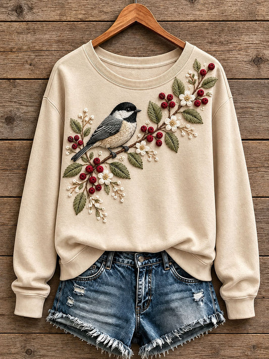 Women's Floral and Bird Pattern Sweatshirt