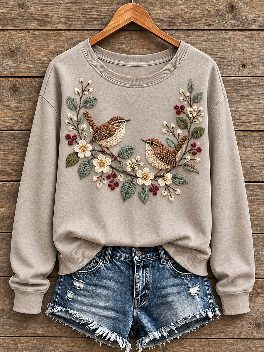 Women's Floral and Bird Pattern Sweatshirt