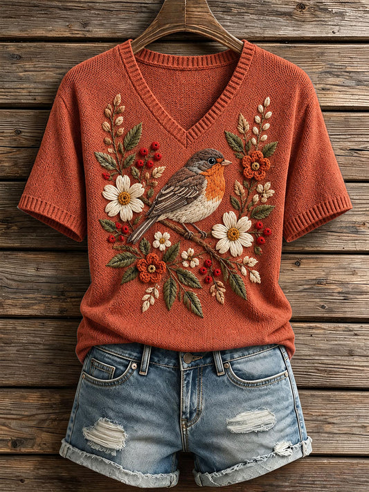 Women's Floral and Bird Pattern V-Neck Knit Top
