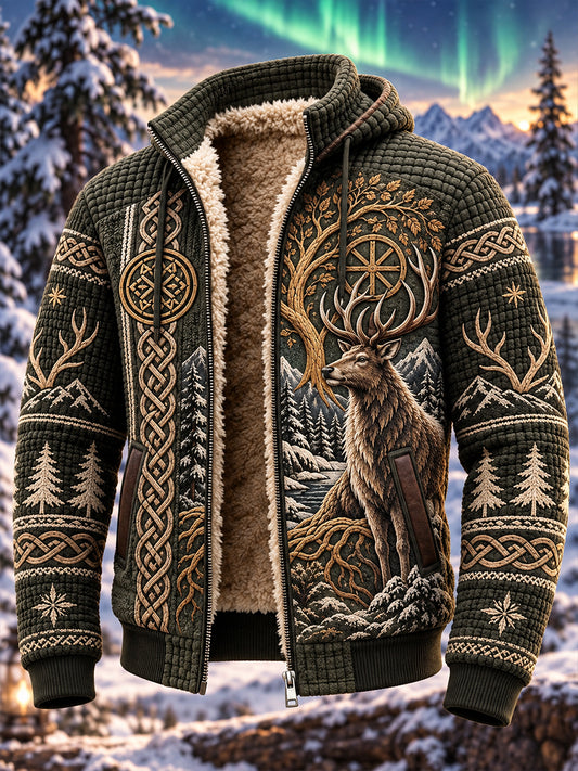 Men's Nordic Forest Animal Fleece-Lined Hooded Jacket