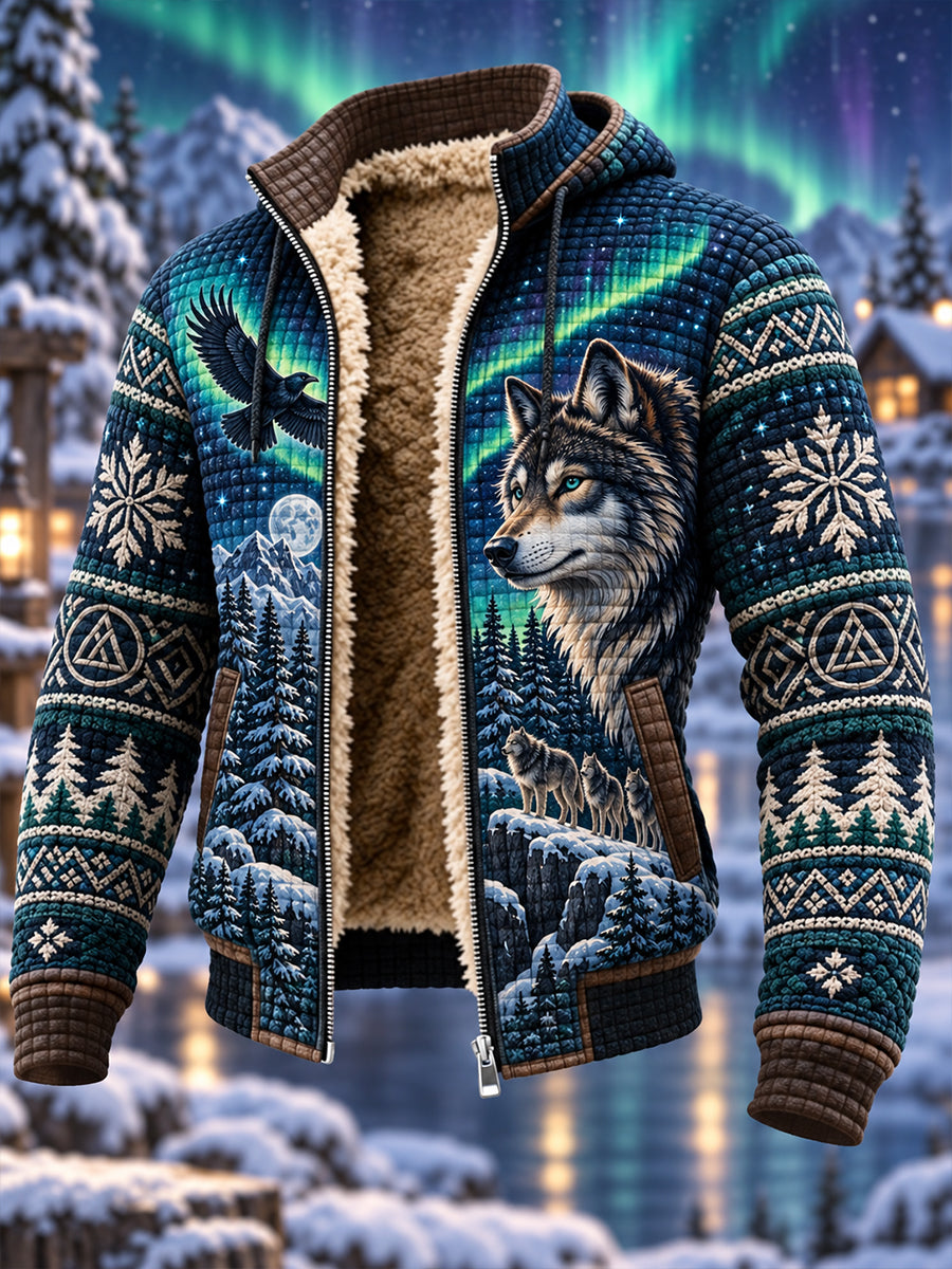 Men's Nordic Forest Animal Fleece-Lined Hooded Jacket