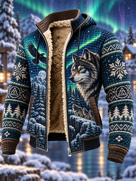 Men's Nordic Forest Animal Fleece-Lined Hooded Jacket