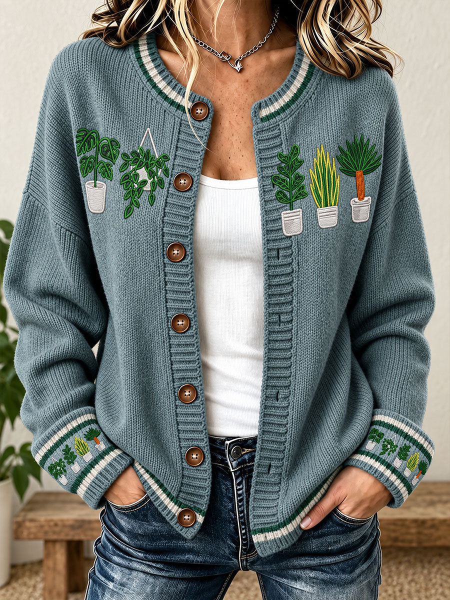 Women's Plants Lover Art Printed Cardigan-Style Knit Jacket