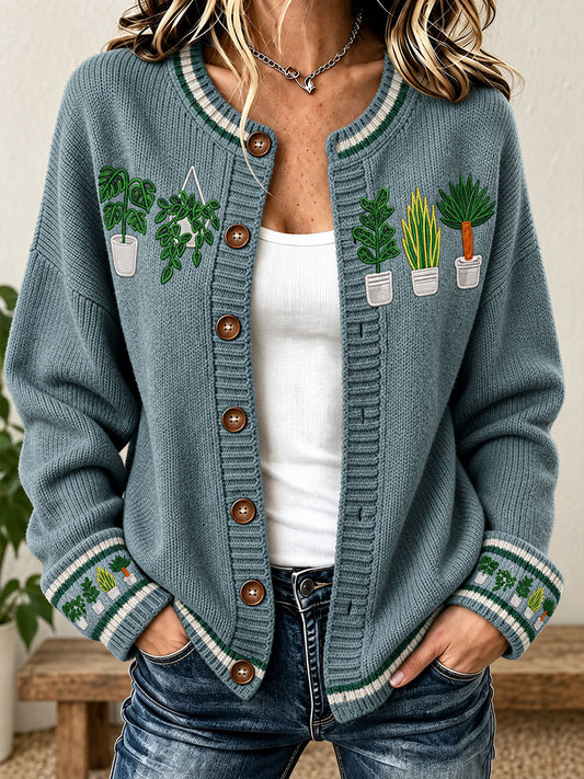 Women's Plants Lover Art Printed Cardigan-Style Knit Jacket