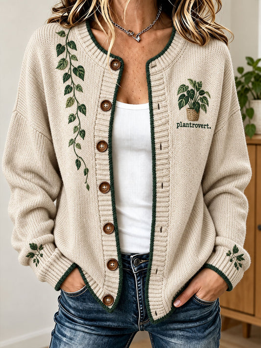 Women's Plants Lover Art Printed Cardigan-Style Knit Jacket