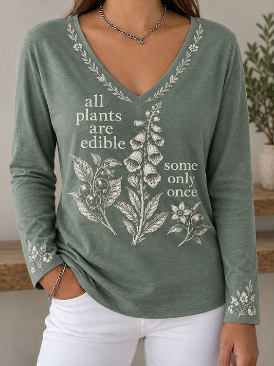 Women's Plants Lover Art Printed V-Neck T-Shirt