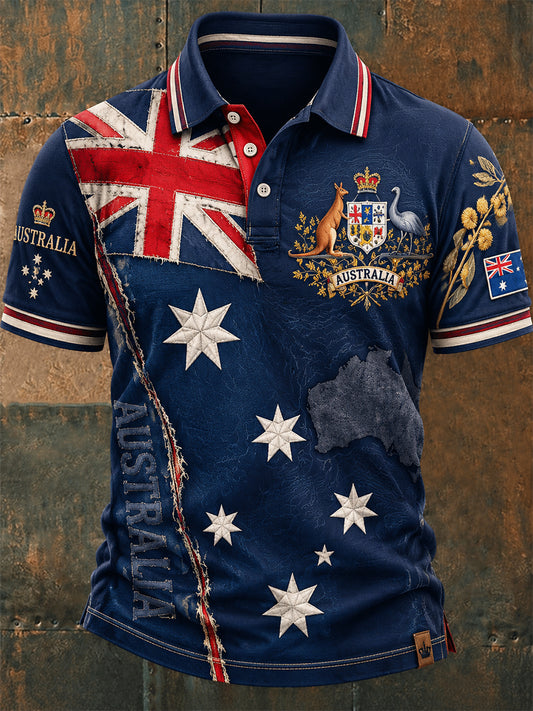 Vintage Australian Flag Crest  Printed Casual Cotton Short Sleeve Polo Shirt