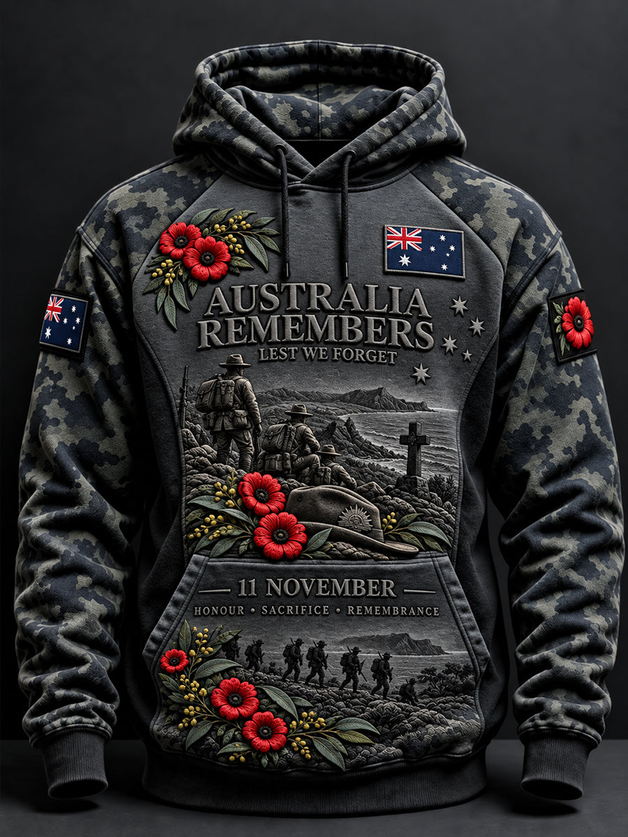 Men's Remembrance Day in Australia Oversized Drop-Shoulder Hoodie with Pockets