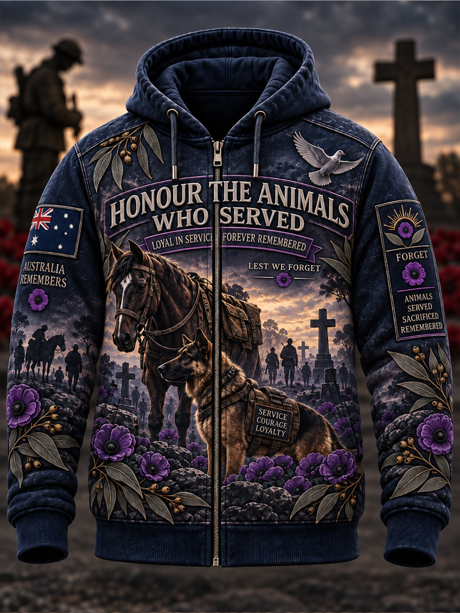 Men's Australian War Animal Memorial For Remembrance Day Zip-Up Hoodie