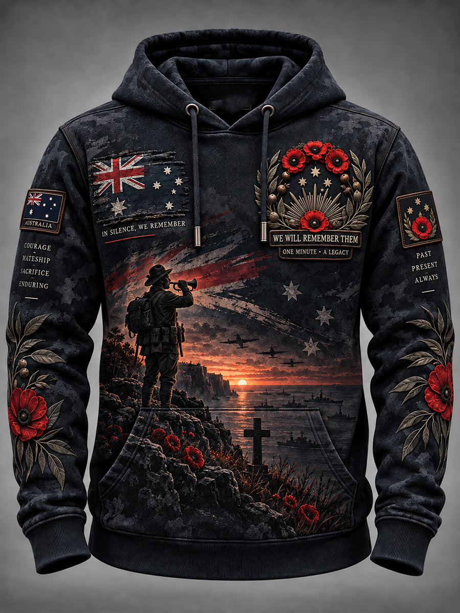 Men's Australian Veteran Remembrance Day  Oversized Drop-Shoulder Hoodie with Pockets