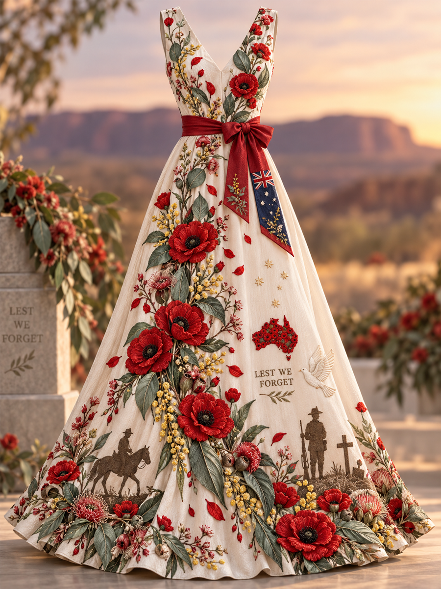 Women's Remembrance Day V Neck Vintage Maxi Dress