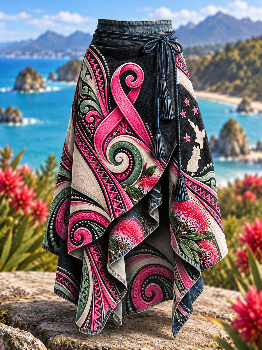 Women's New Zealand Breast Cancer Awareness Art Printed Irregular Skirt