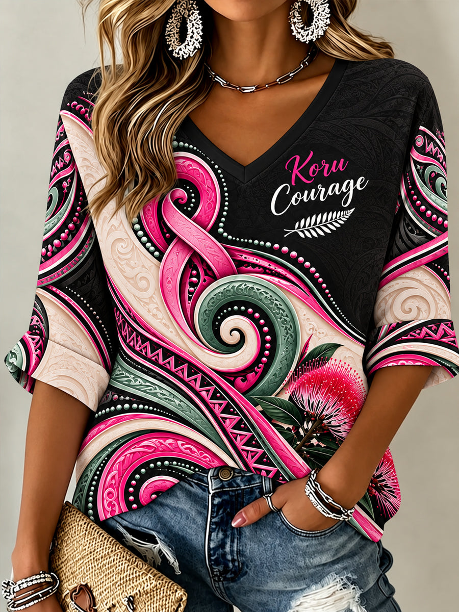 Women's New Zealand Breast Cancer Awareness Pattern Linen V-Neck Shirt