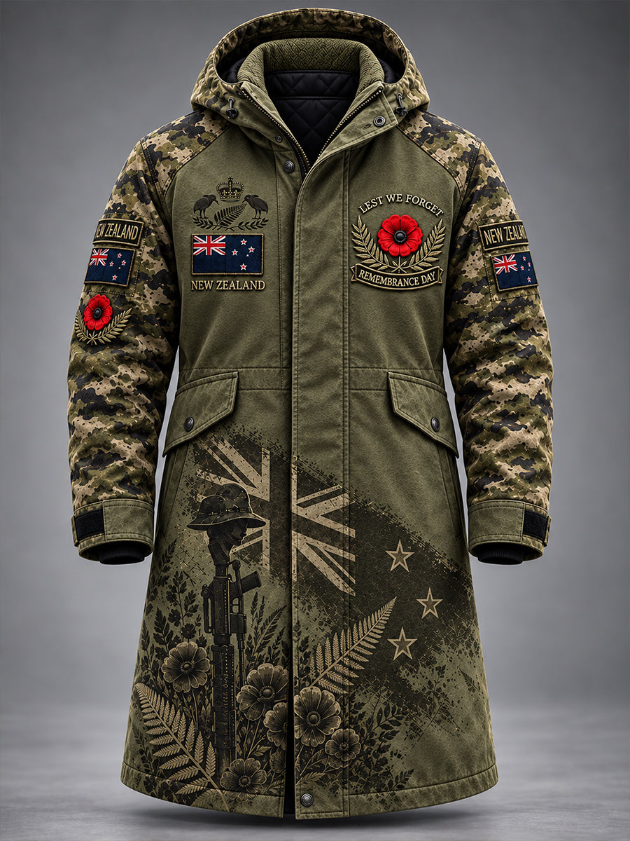 Men's New Zealand Veteran "Remembrance Day" Print Long-Line Hoodie Jacket