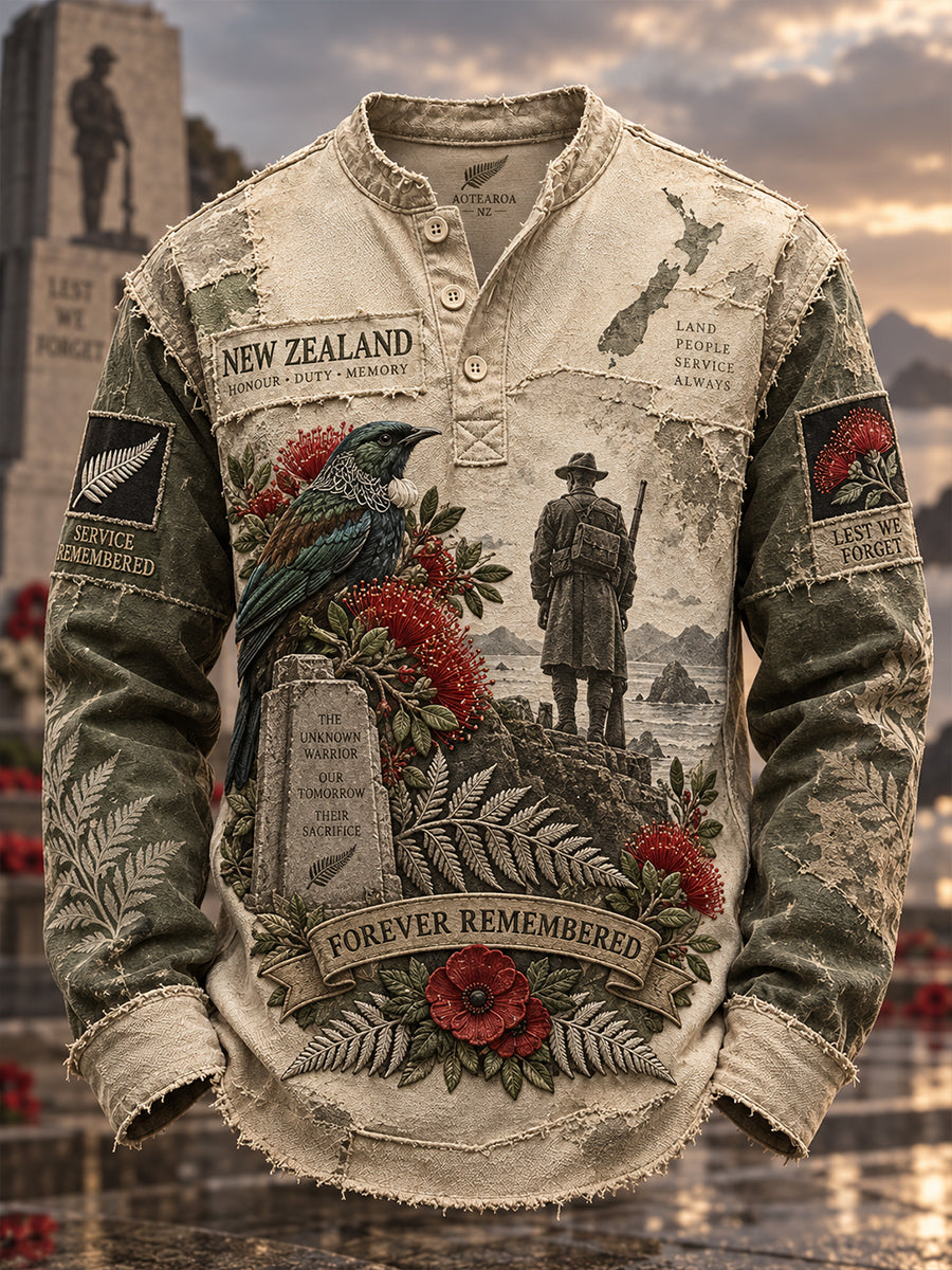 Men's New Zealand Veteran Remembrance Day Printed Casual Button T-Shirt
