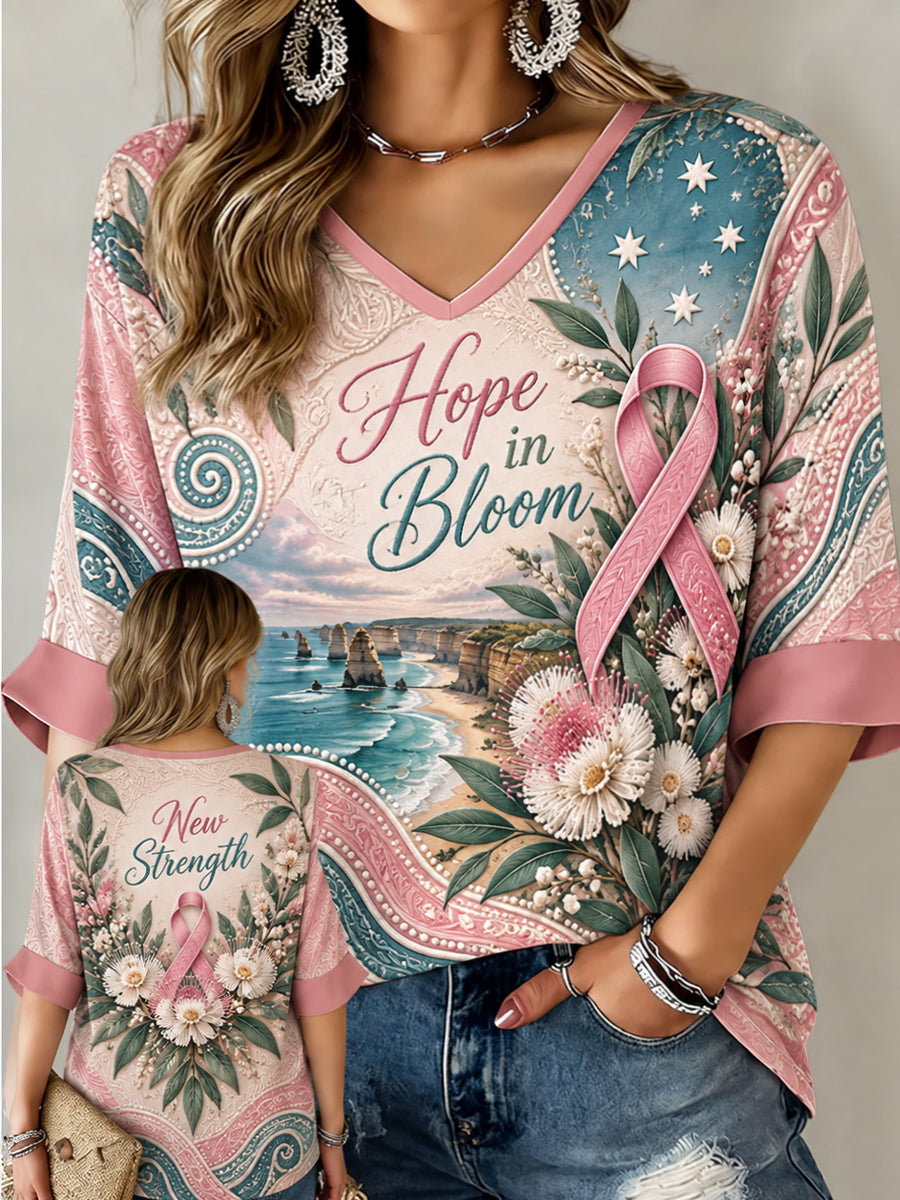 Women's Australian Breast Cancer Awareness Pattern Linen V-Neck Shirt