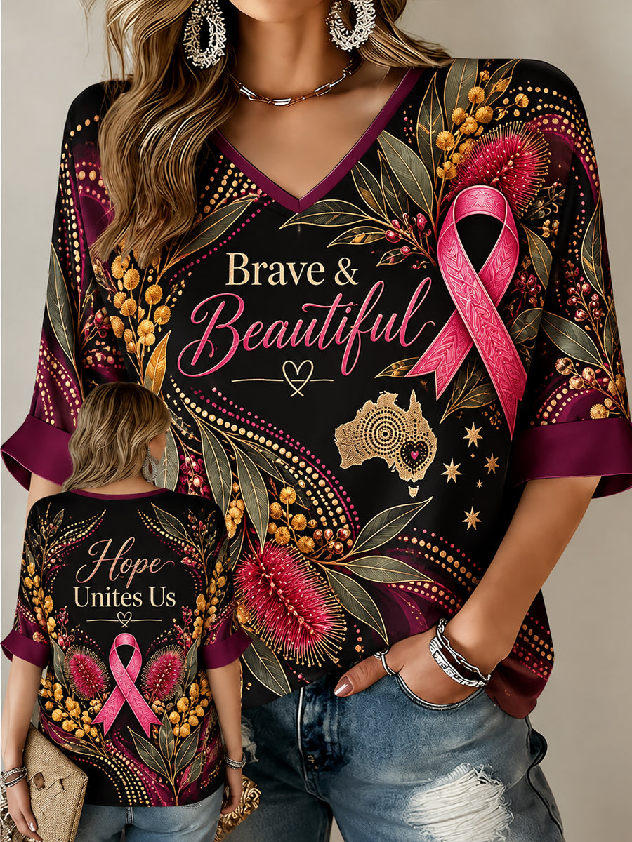 Women's Australian Breast Cancer Awareness Pattern Linen V-Neck Shirt
