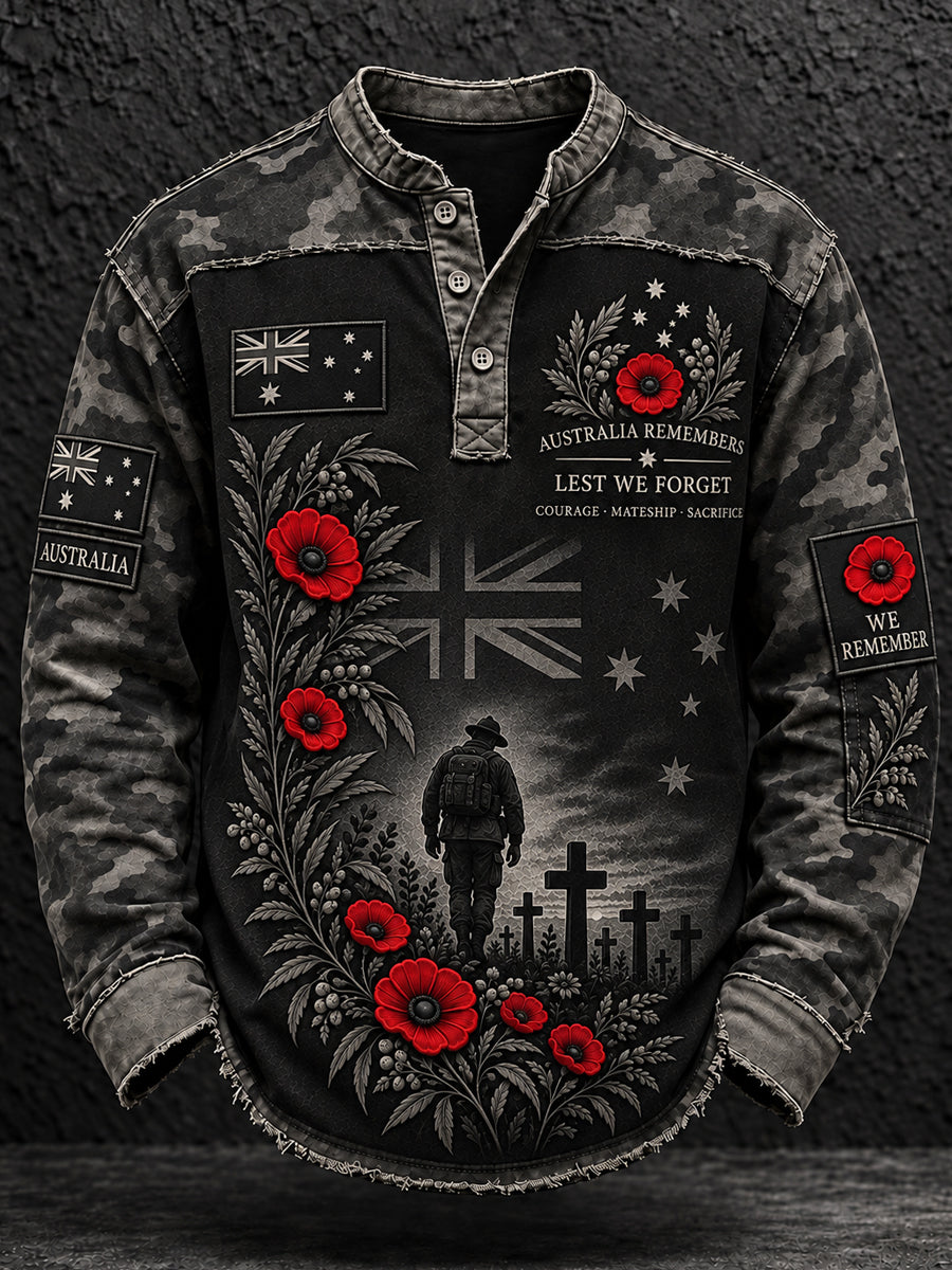 Men's Remembrance Day in Australia  Printed Casual Button T-Shirt