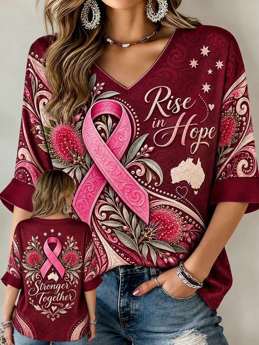 Women's Australian Breast Cancer Awareness Pattern Linen V-Neck Shirt