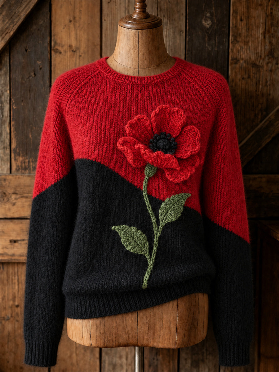 Women's Classy Papaveraceae Floral Contrast Color Print crew neck sweater