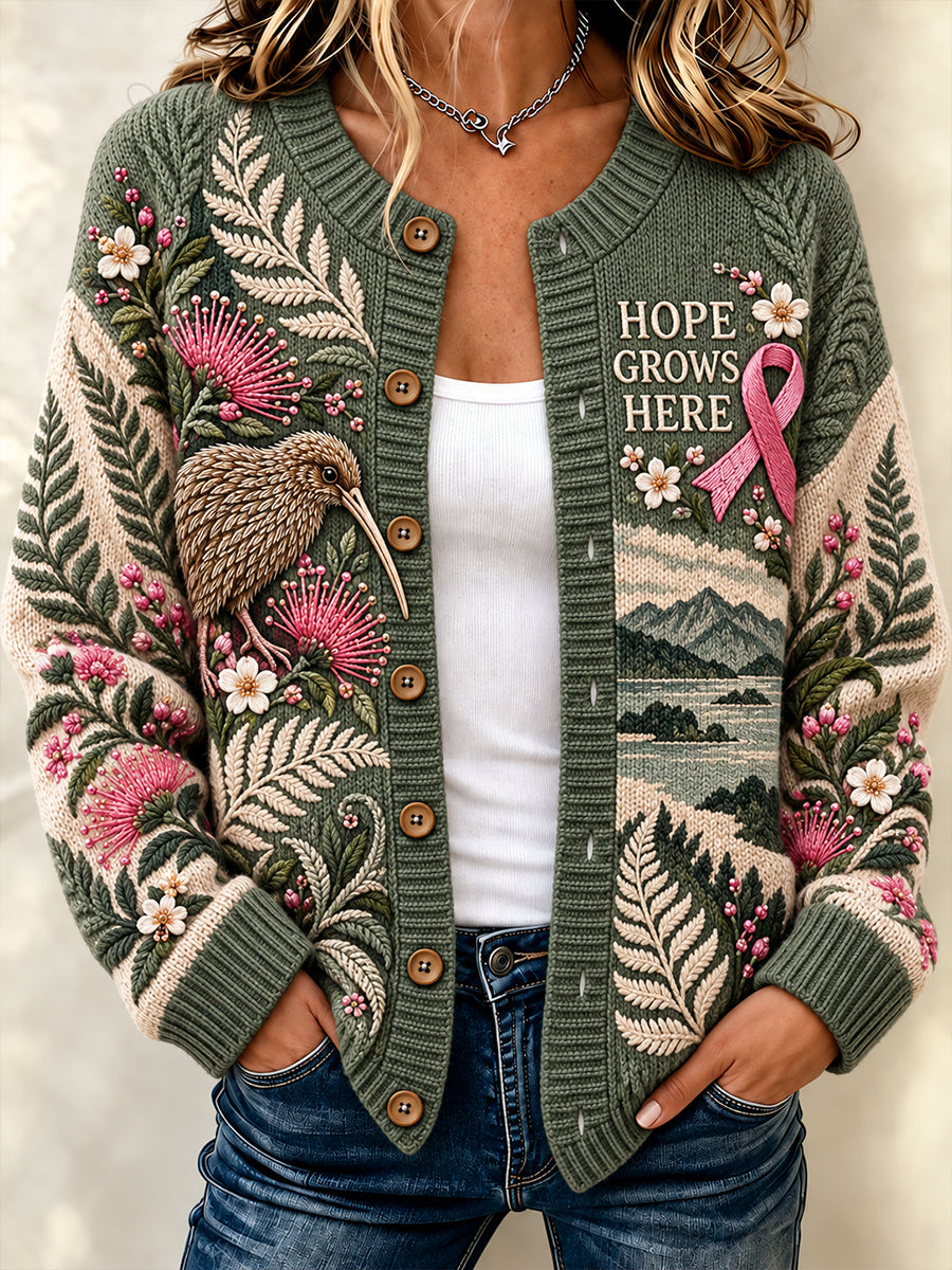 Women's New Zealand Breast Cancer Awareness Print Button Cardigan