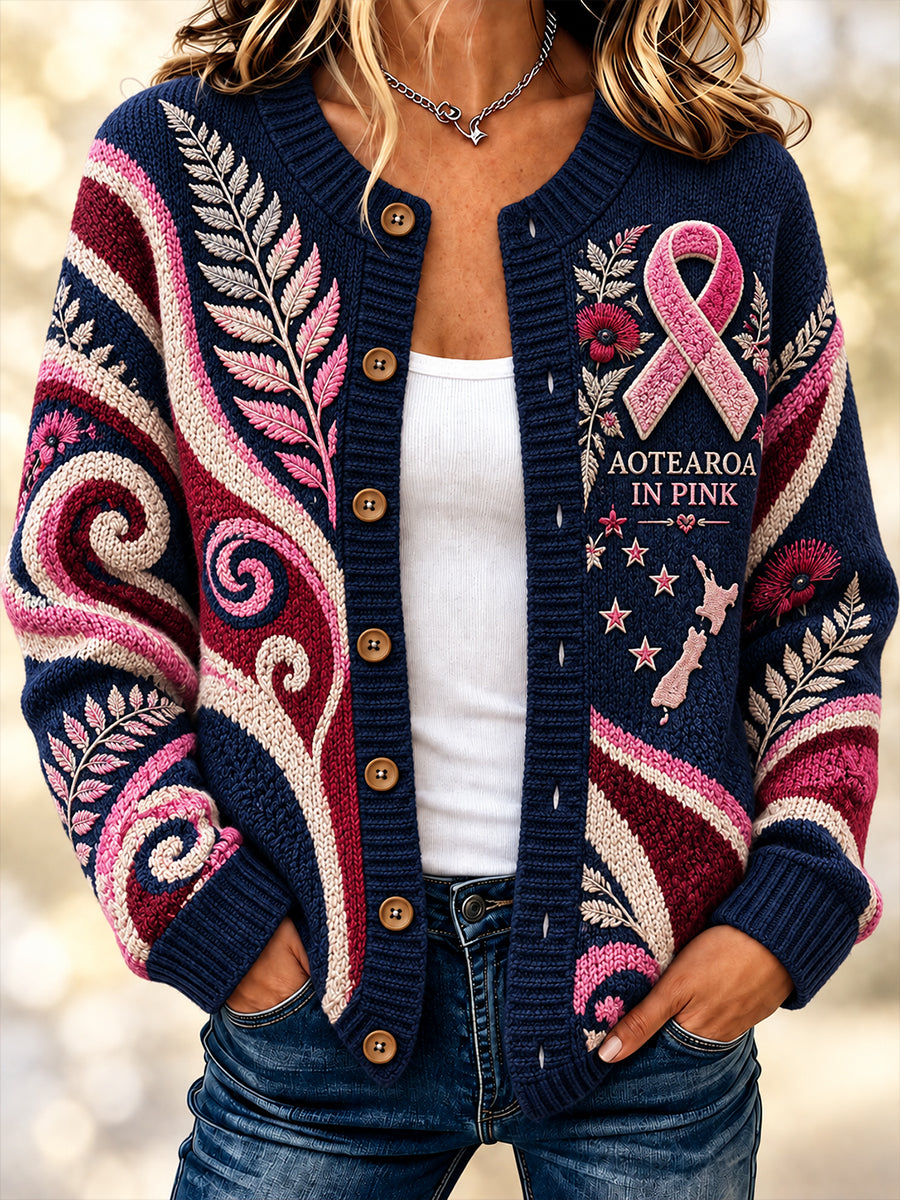 Women's New Zealand Breast Cancer Awareness Print Button Cardigan