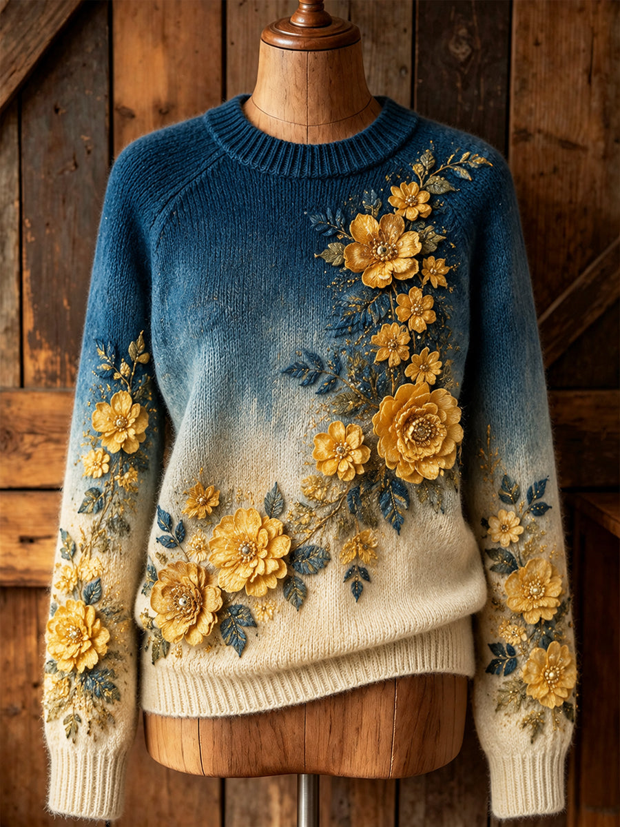 Women's Retro Floral Tie-Dye Gradient Round-Neck Sweatshirt