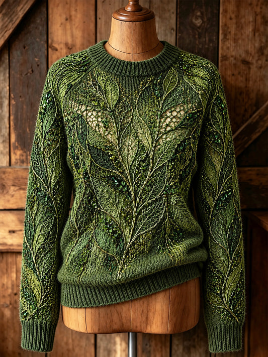 Women's Retro Leaf-Patterned Artistic Crew-Neck Pullover