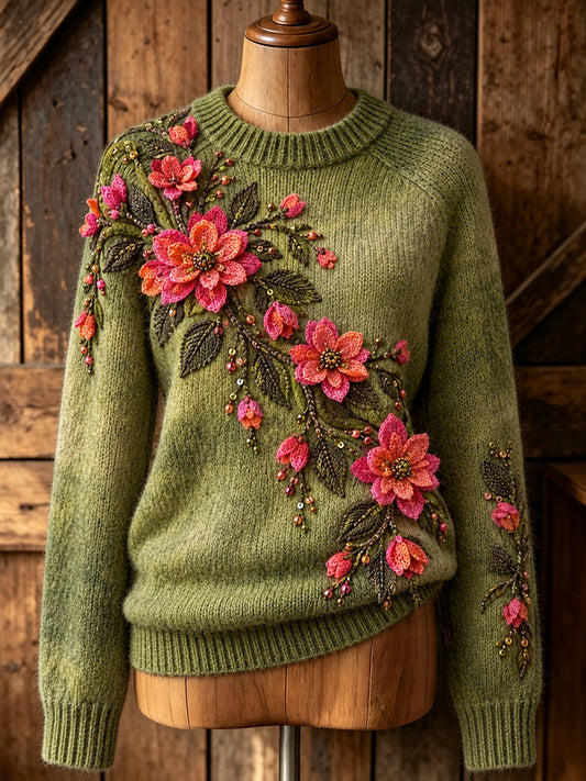 Women's Vintage Artistic Floral Crew-Neck Pullover