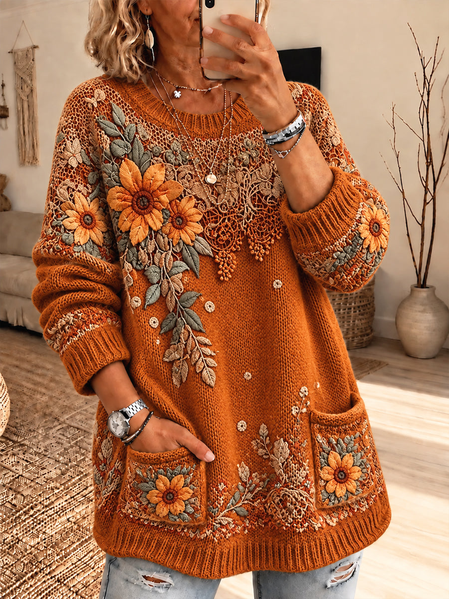 Women's Retro Artistic Floral Patchwork Crew-Neck Pullover