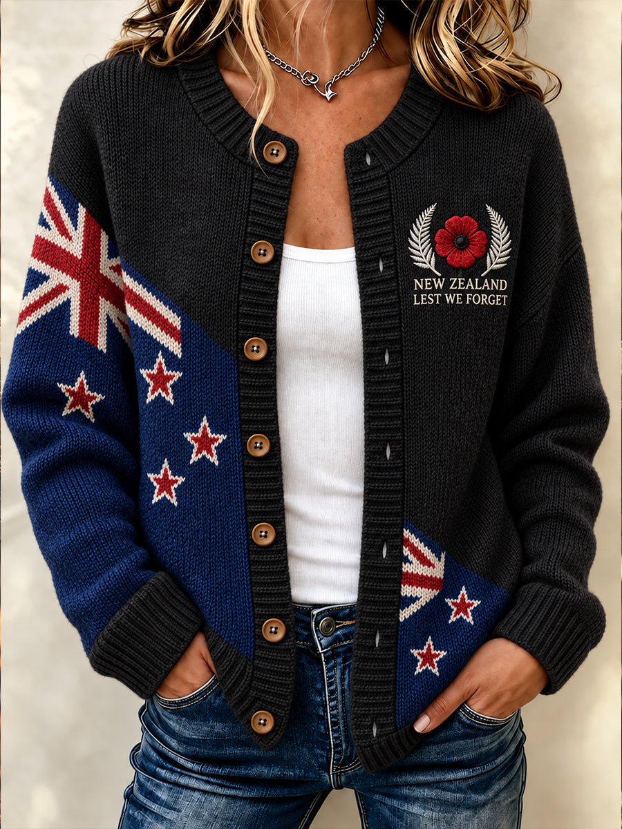 Women's New Zealand Veterans Remembrance Day Print Button Cardigan