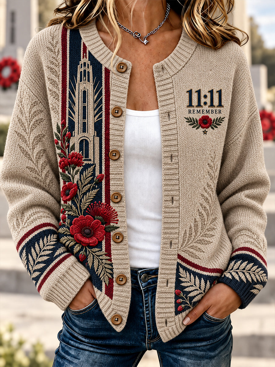 Women's New Zealand Veterans Remembrance Day  Print Button Cardigan