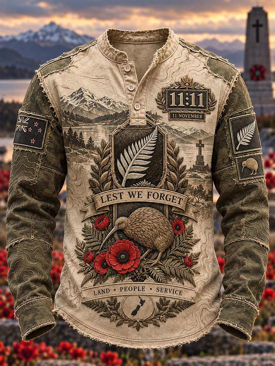Men's New Zealand Veterans Remembrance Day Printed Casual Button T-Shirt