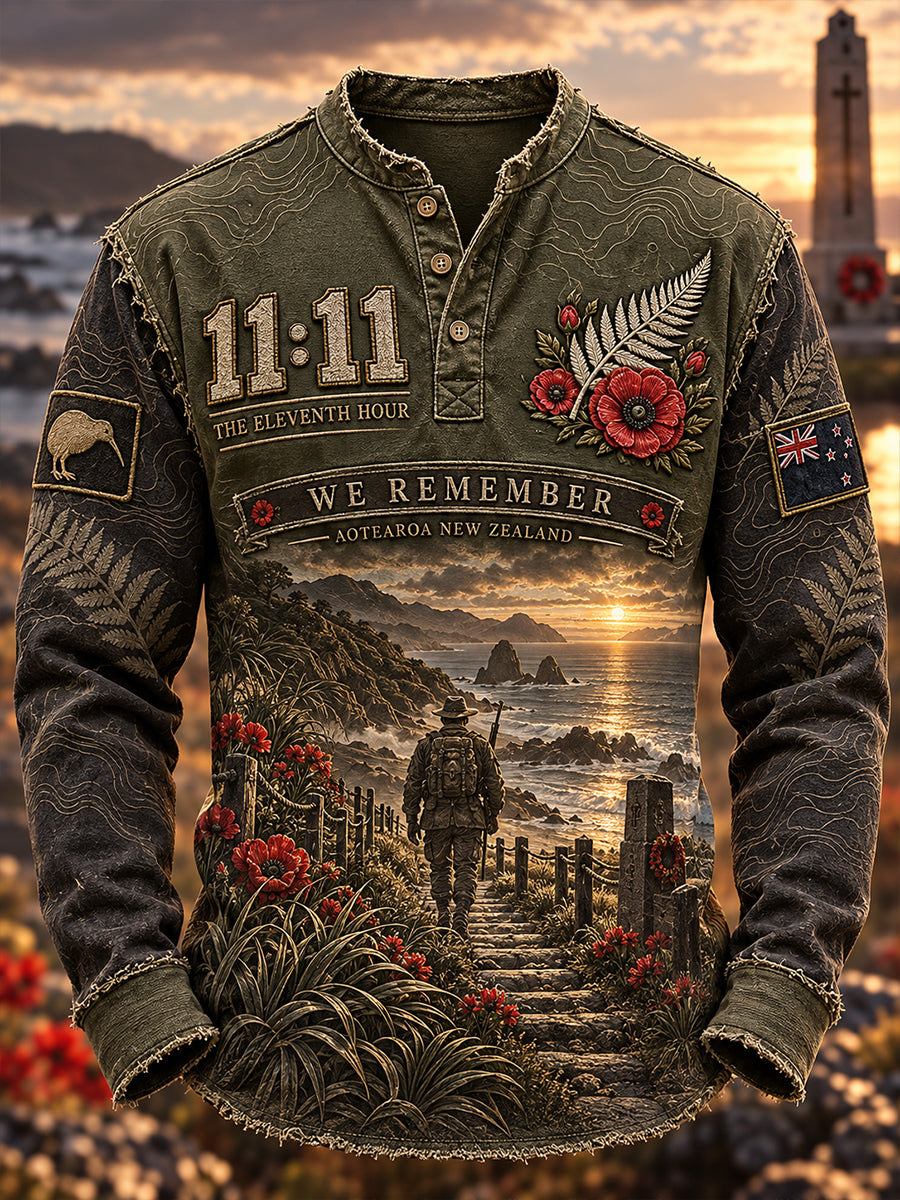 Men's New Zealand Veterans Remembrance Day Printed Casual Button T-Shirt