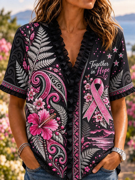 Women’S New Zealand Breast Cancer Awareness Cotton-Linen Shirt