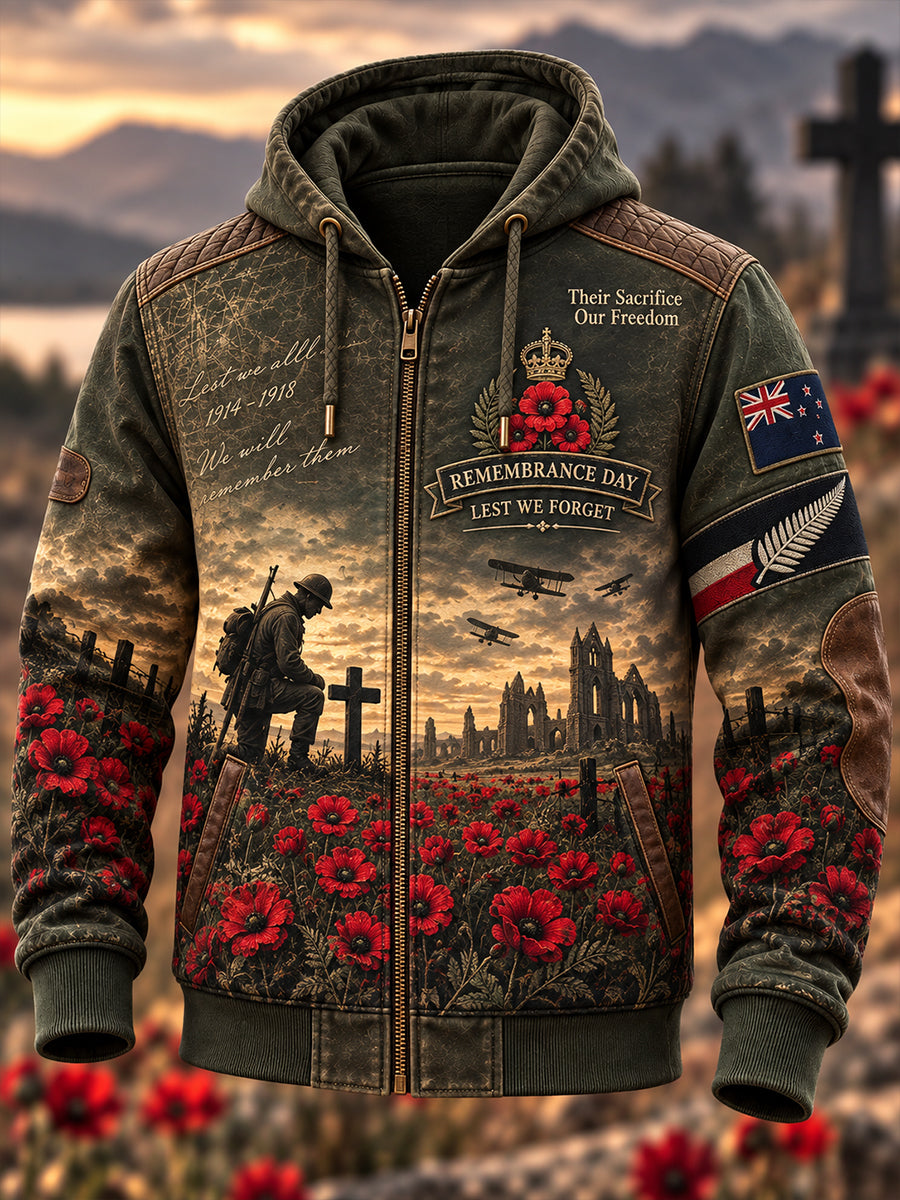 Men's New Zealand Veterans On Remembrance Day  Zip-Up Hoodie