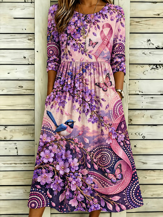 Women's Breast Cancer Awareness And Prevention In  Art Printed Linen Dress