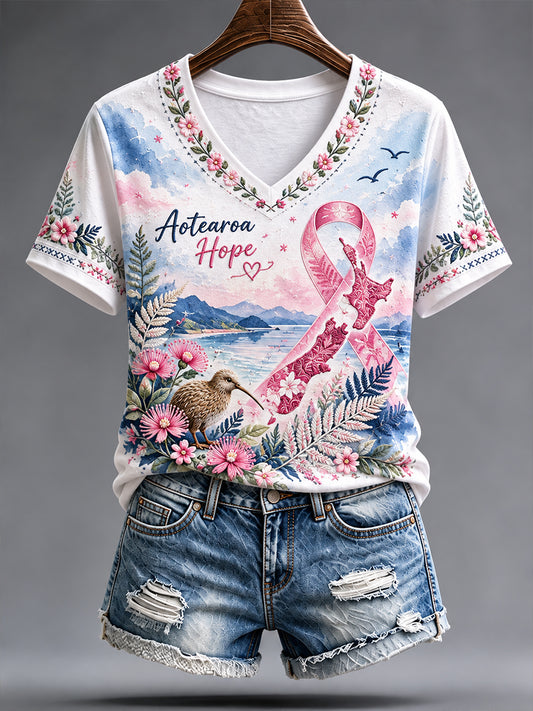 Women's New Zealand Breast Cancer Awareness V-Neck Short Sleeve T-Shirt