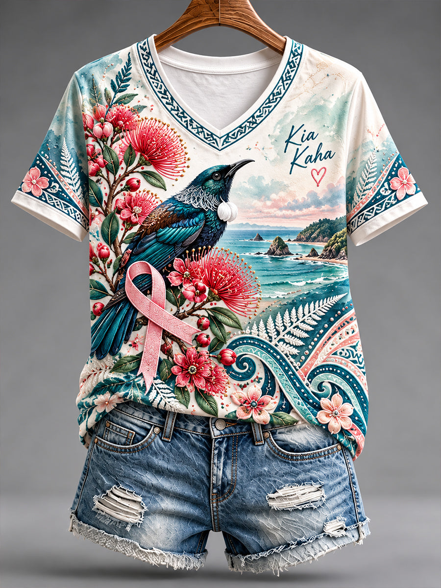 Women's New Zealand Breast Cancer Awareness V-Neck Short Sleeve T-Shirt