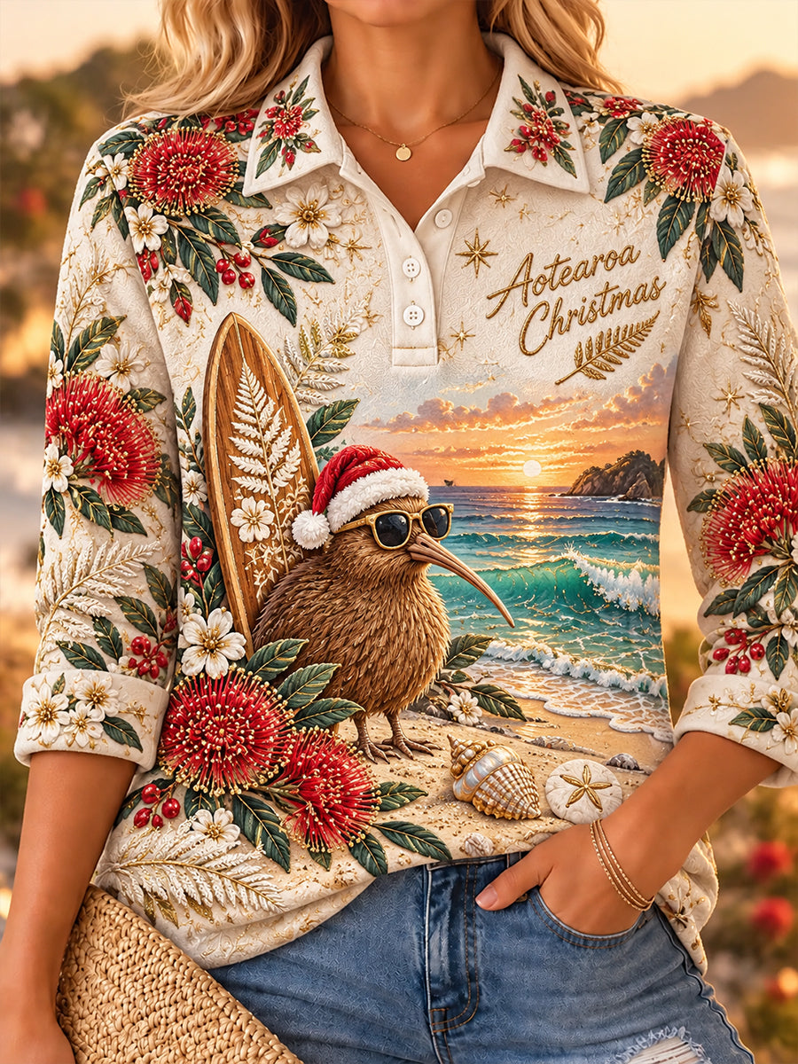 Women's Christmas In New Zealand Long-Sleeve Polo Shirt