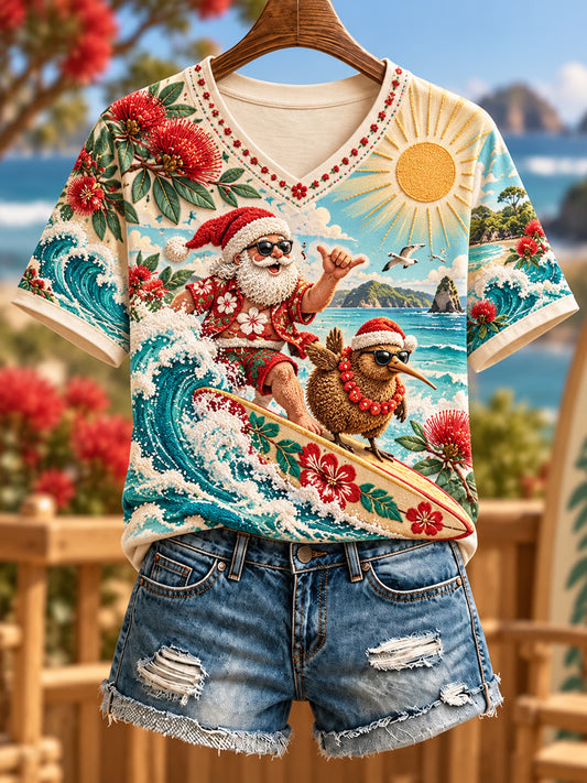 Women's Christmas In New Zealand V-Neck Short Sleeve T-Shirt