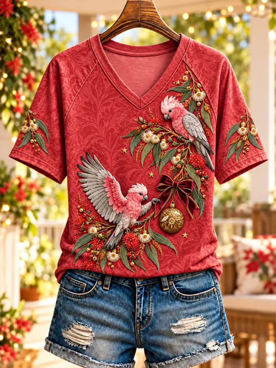 Women's Christmas in Australia Printed V-neck off-shoulder short-sleeved T-shirt
