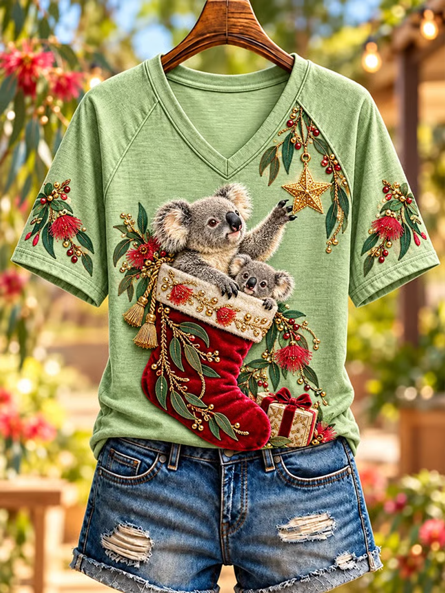 Women's Christmas in Australia Printed V-neck off-shoulder short-sleeved T-shirt