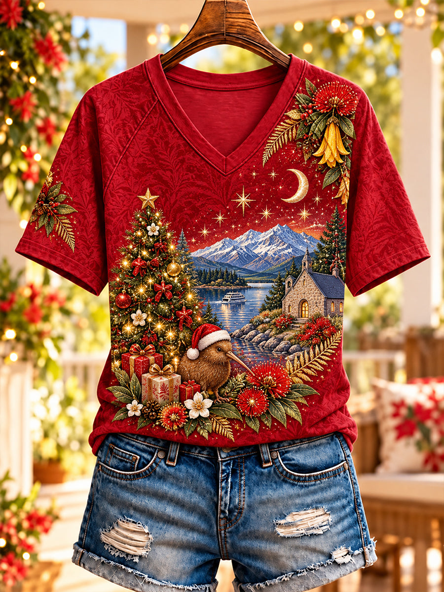 Women's Christmas In New Zealand V-Neck Short Sleeve T-Shirt